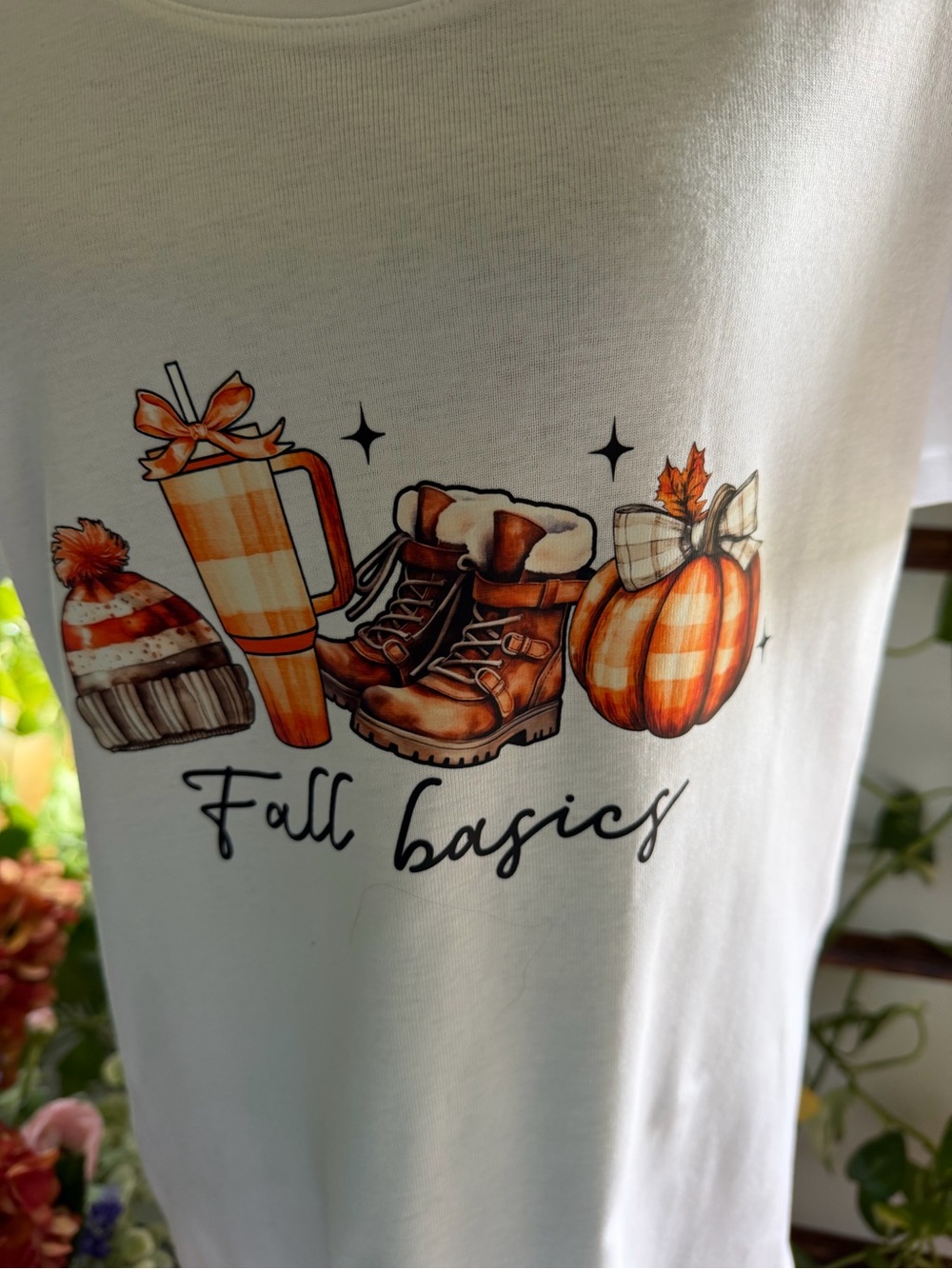 White Short Sleeve Tee with Fall Basics Graphic Will Fit XL